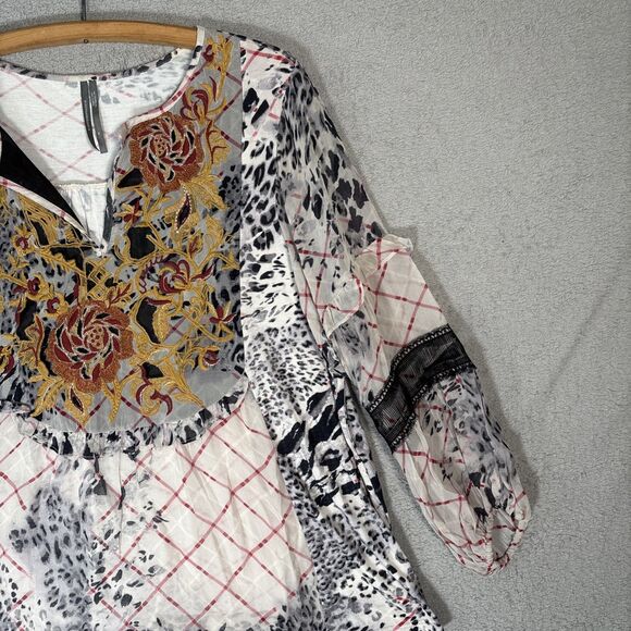 Anthropologie Women’s Mathilda Balloon Sleeve Mixed Print Blouse XL Sheer Boho - Picture 4 of 15